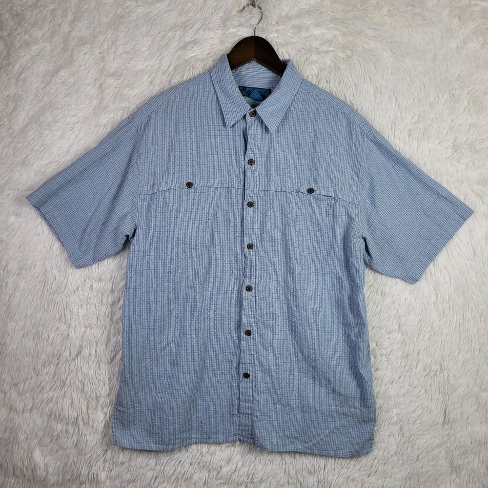 Paradise Blue Hemp/Cotton Geometric Button Up Shirt‎ L Beach Resort Sustainable
